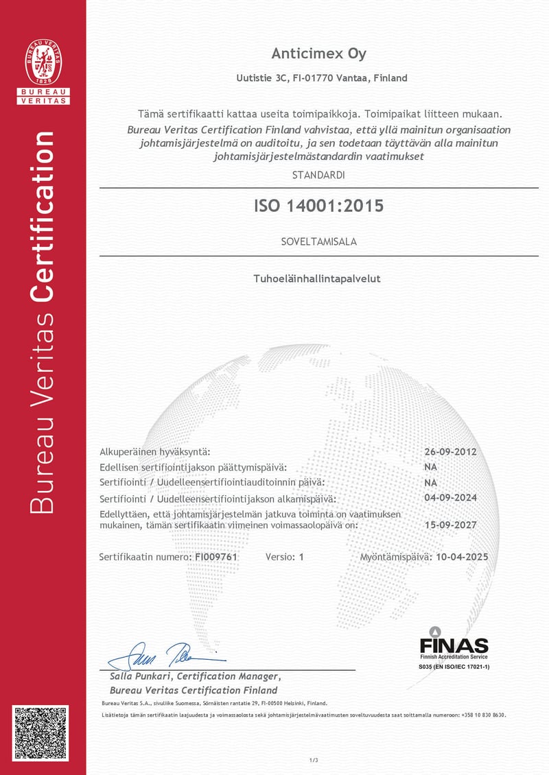 Anticimex Oy ISO 14001 FIN 2025
