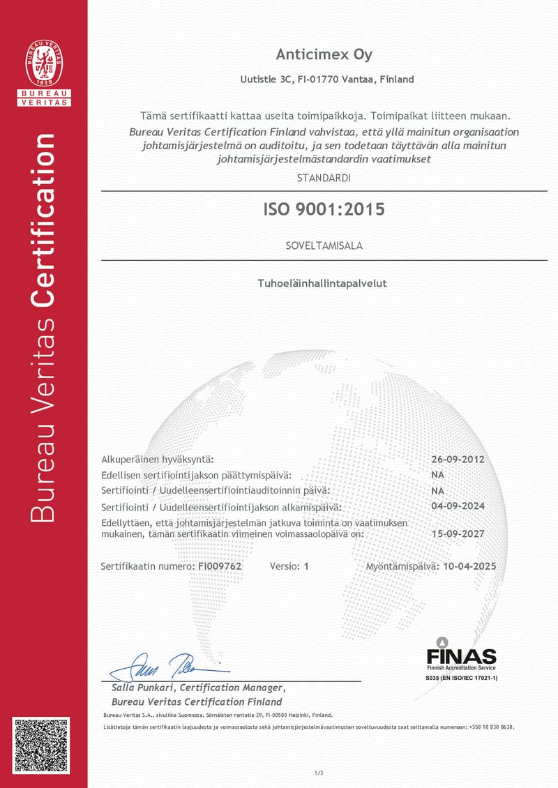 Anticimex Oy ISO 9001 FIN 2025